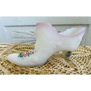 Vintage 1990s Fenton Satin Glass Slipper Shoe Hand Painted Roses